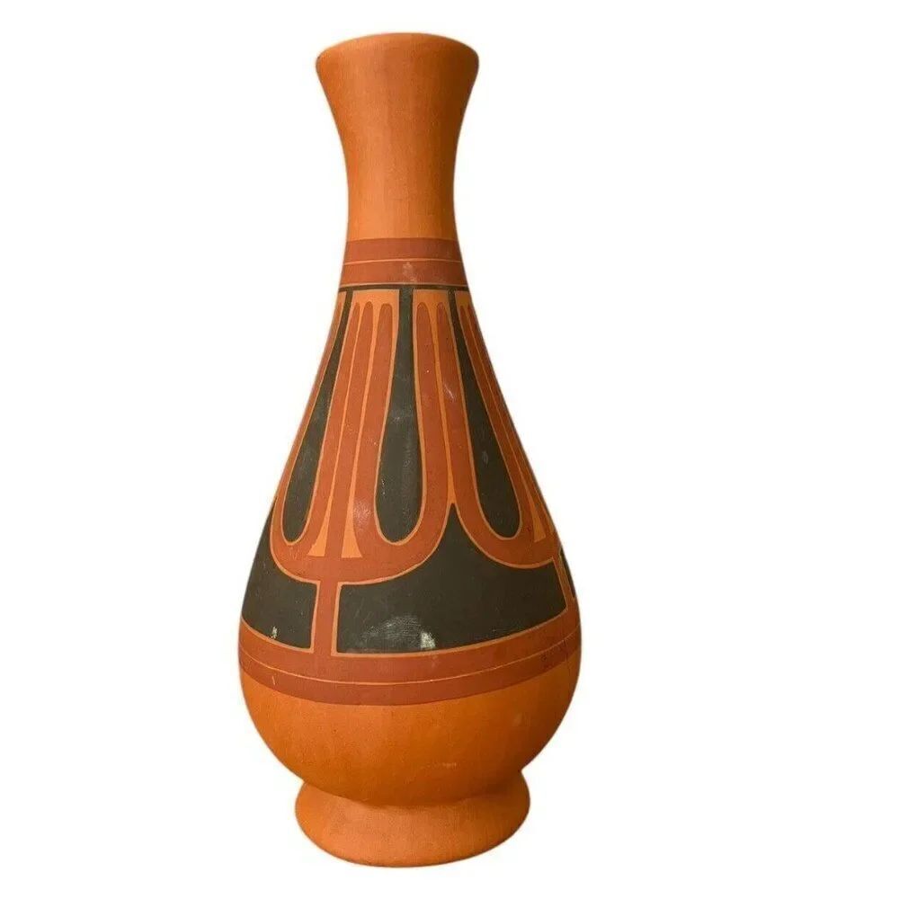 Native American Indian Southwest Pottery Bud Vase Black on Orange Pottery